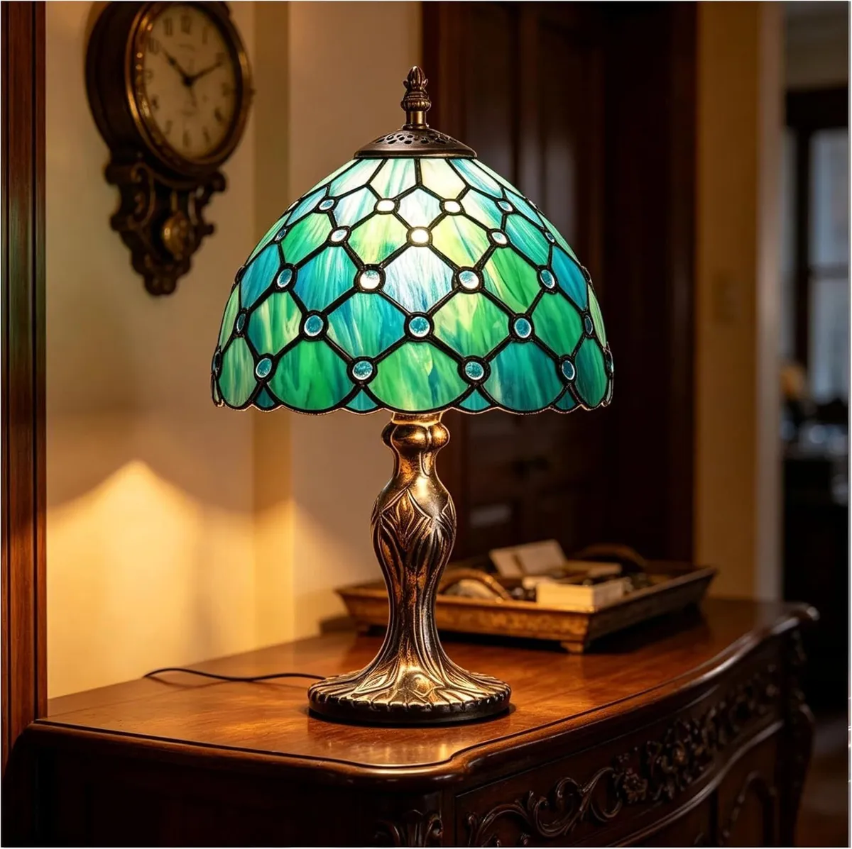 8'' Stained Glass Table Lamp Vintage Desk Bedside - Image 1