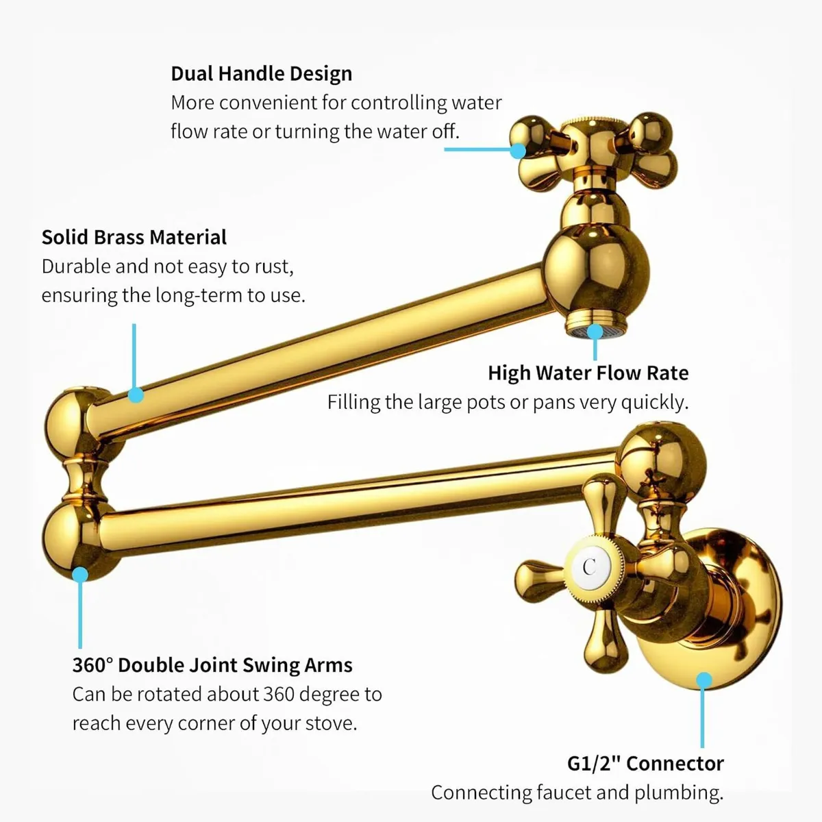 Kitchen Faucet Single Hole Wall Mount Pot Filler - Image 3