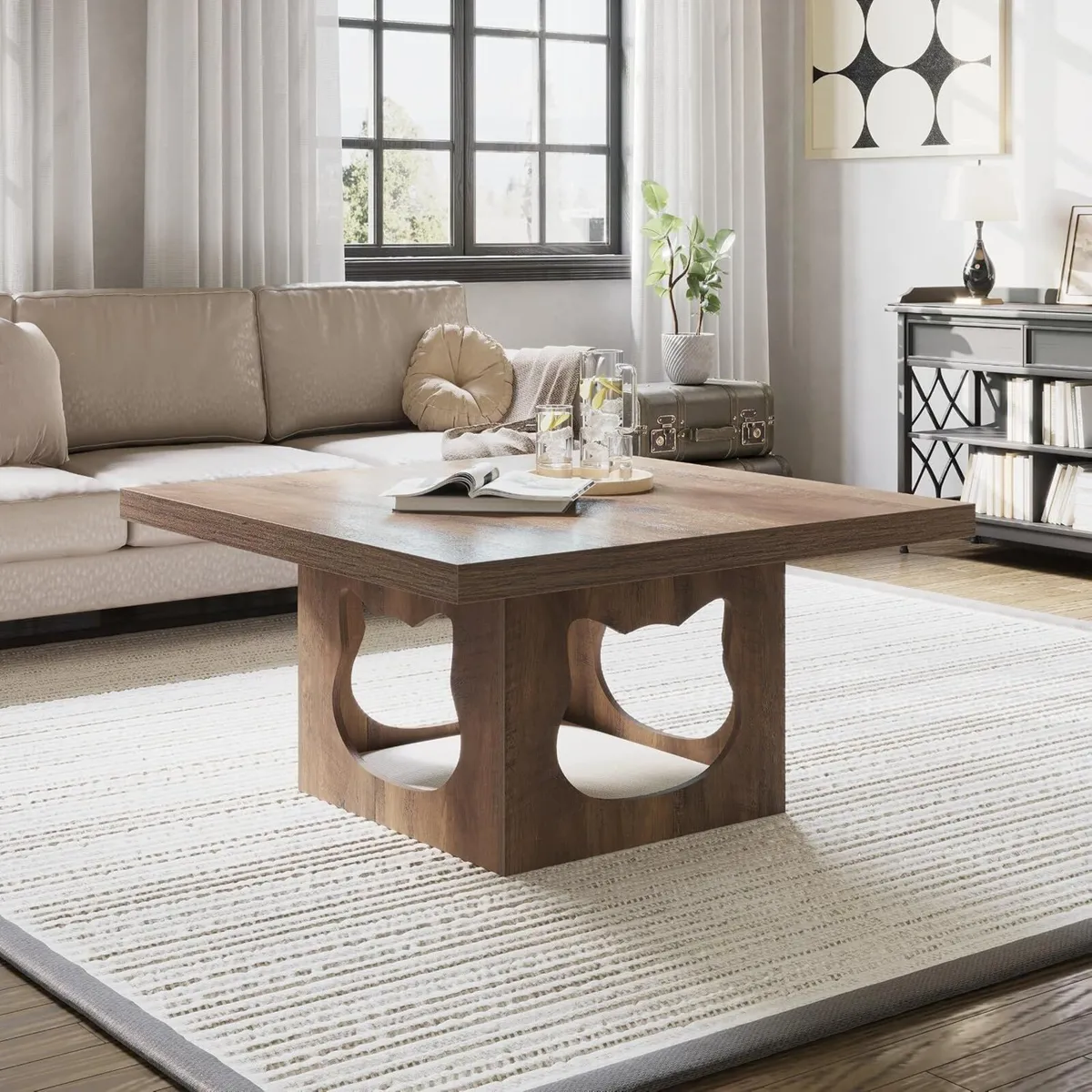 Square Coffee Table with Storage Wood for Living - Image 1