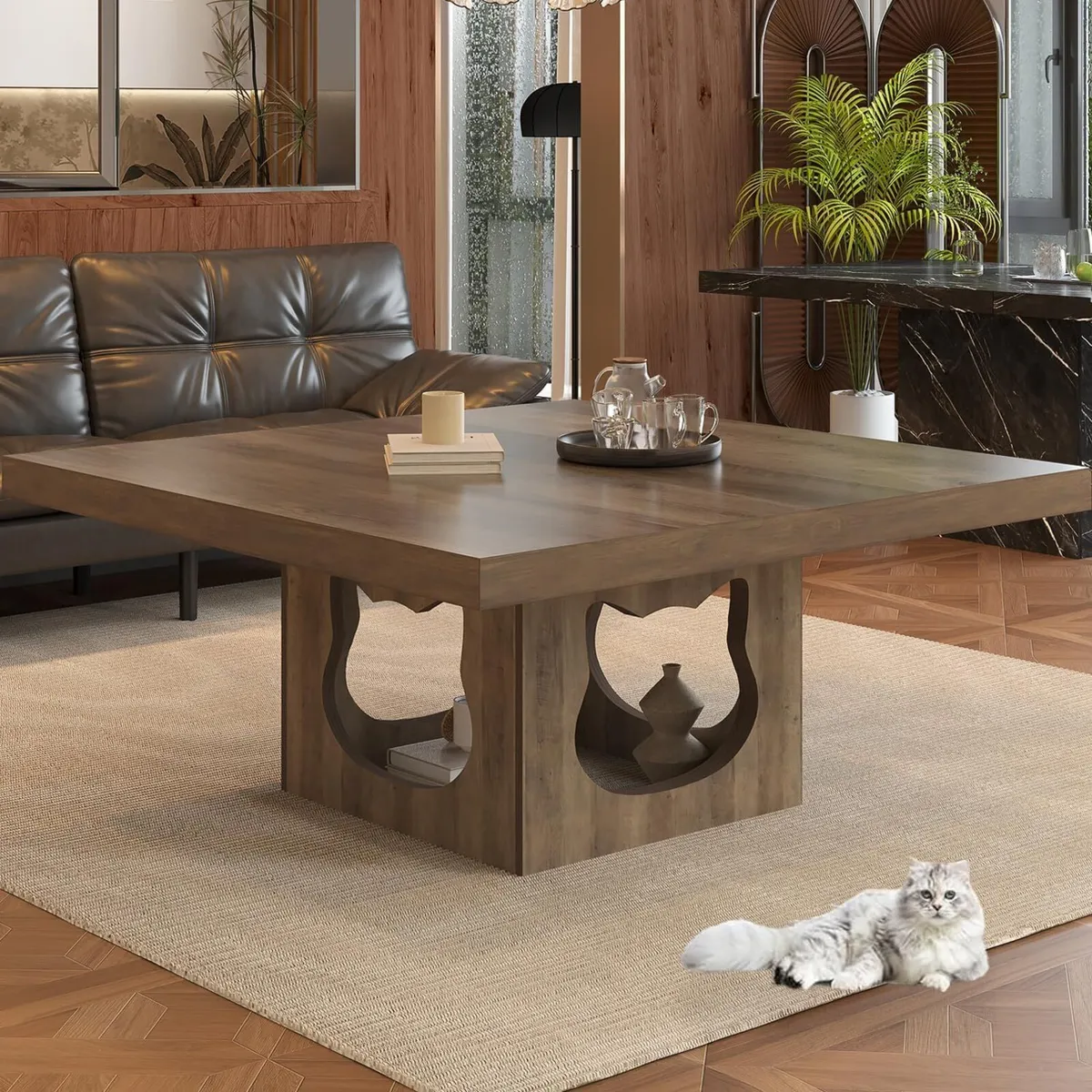 Square Coffee Table with Storage Wood for Living - Image 3