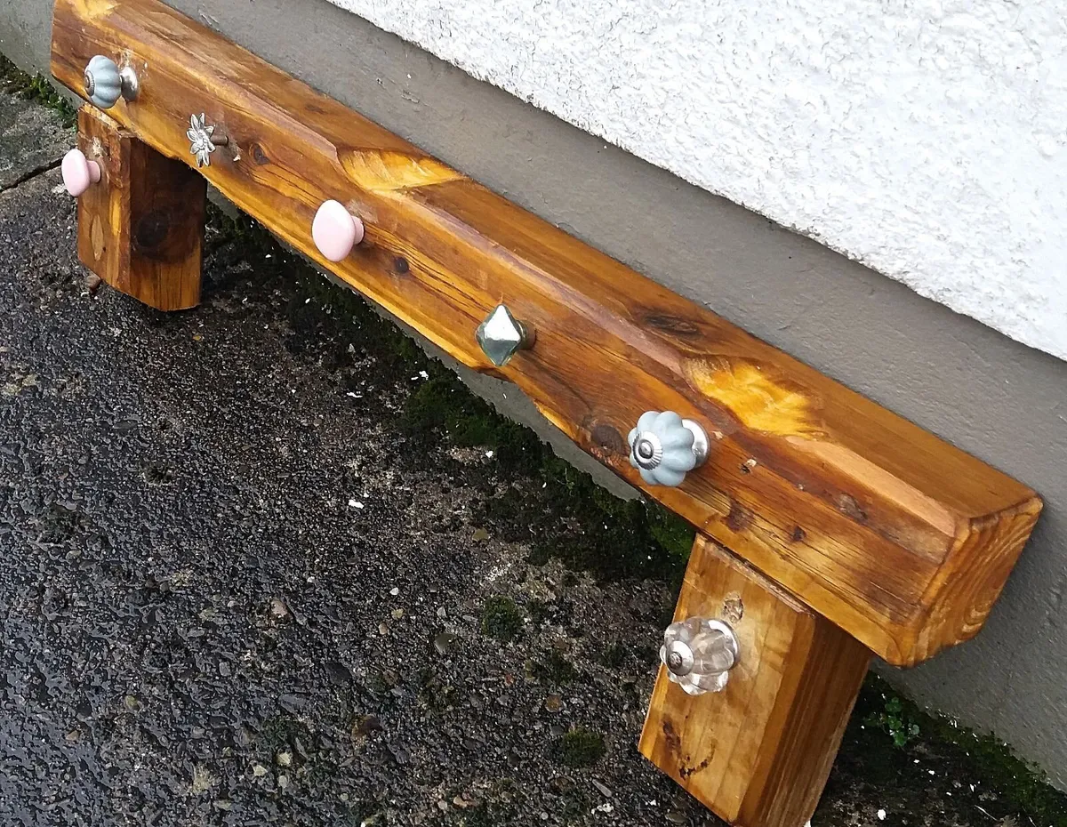 Rustic woodbeam stove mantle / coat rack - Image 4