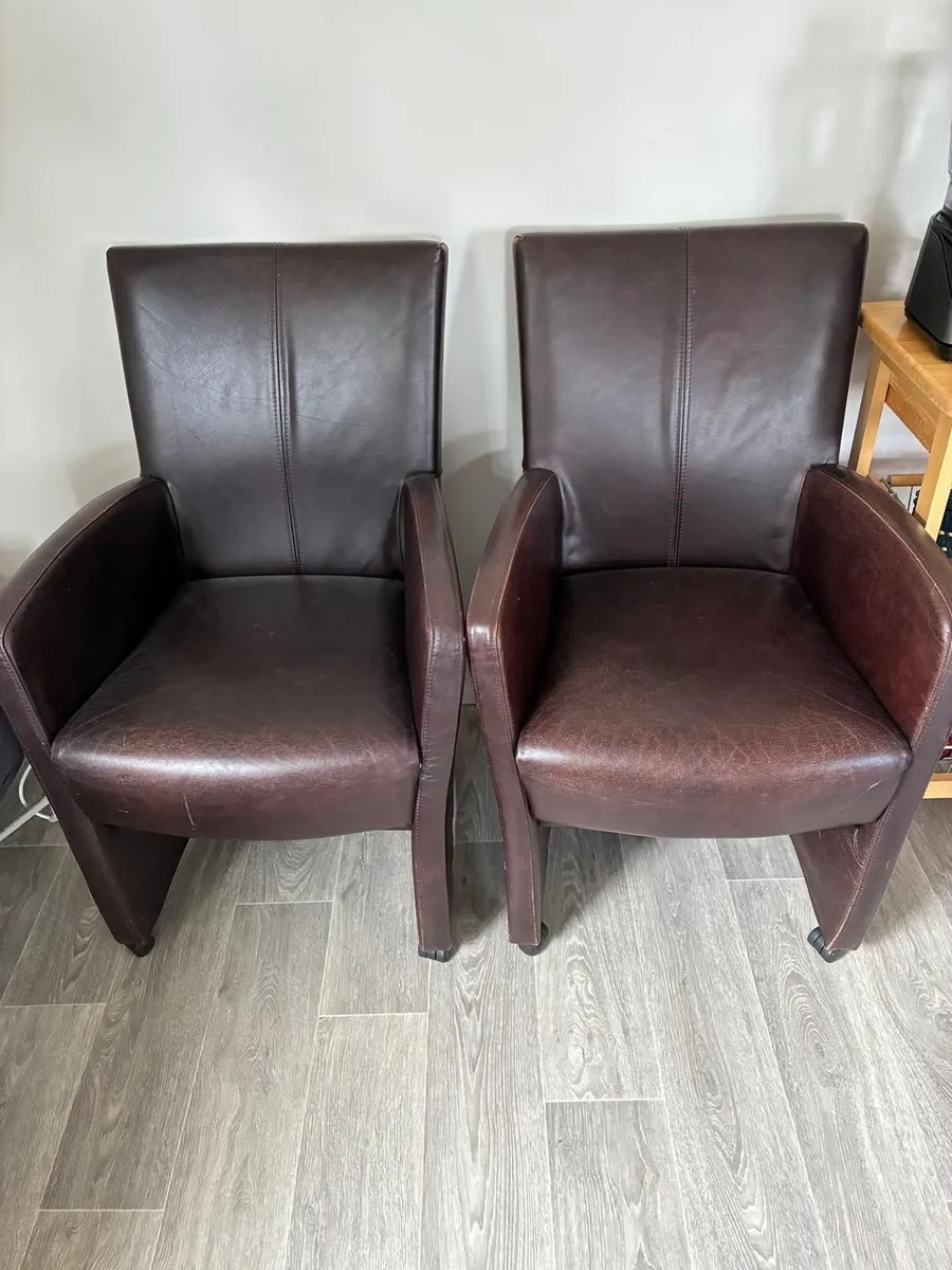 Pair of Brown Leather Effect Armchairs on Castors - Image 1