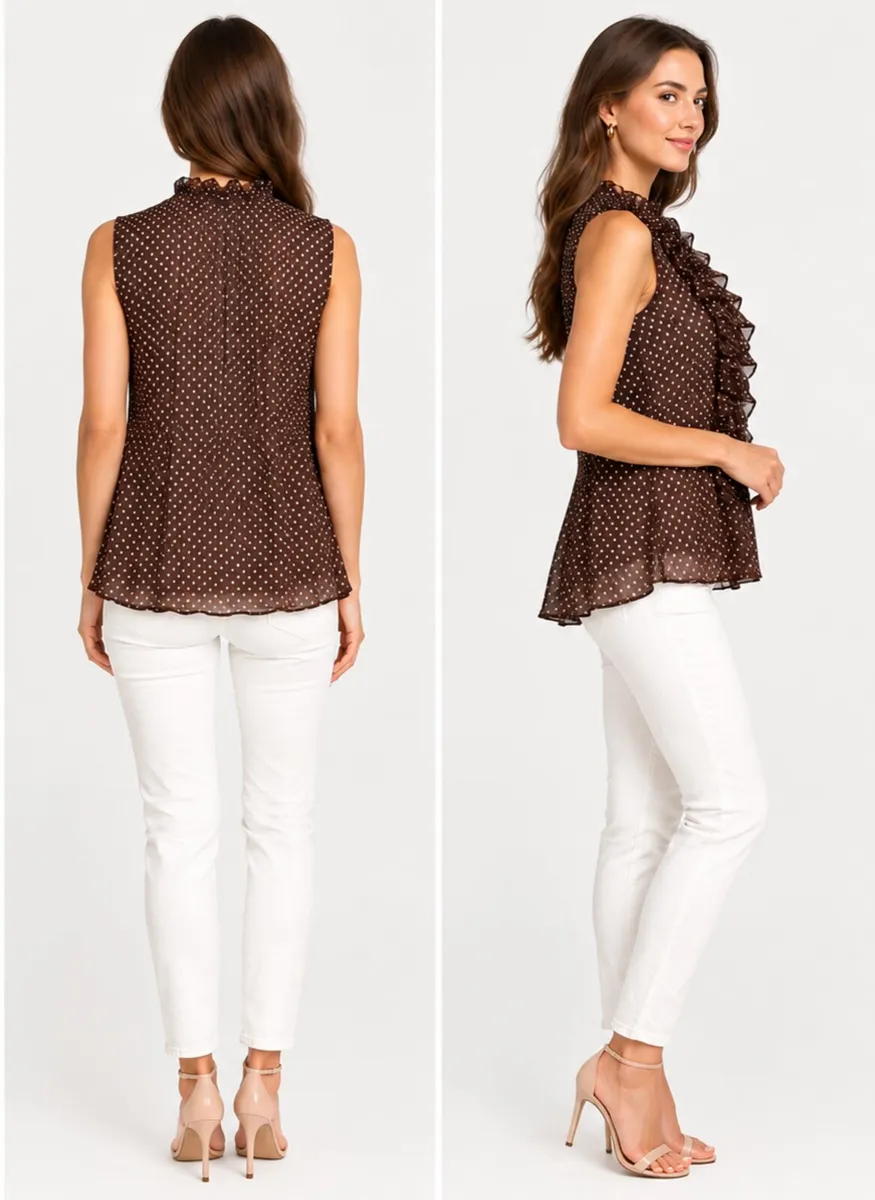 Brown Blouse with White Polka Dots and Ruffles  S - Image 3