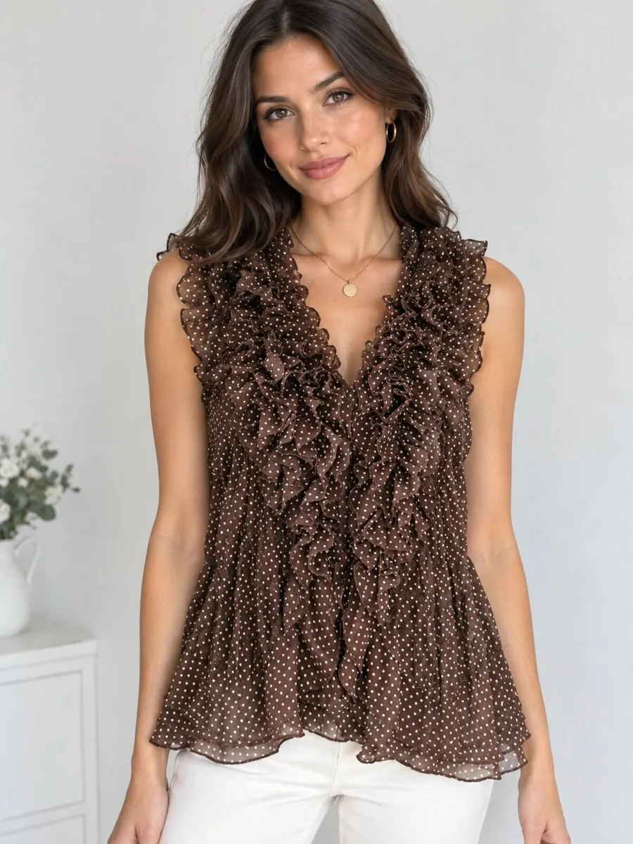 Brown Blouse with White Polka Dots and Ruffles  S - Image 2
