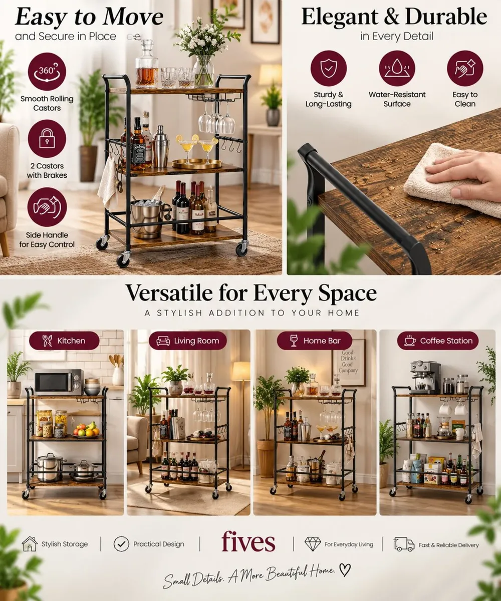 Serving Trolley with Wine Rack & Glass Holder 3 Ti - Image 2