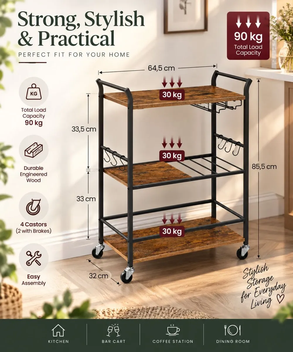 Serving Trolley with Wine Rack & Glass Holder 3 Ti - Image 3