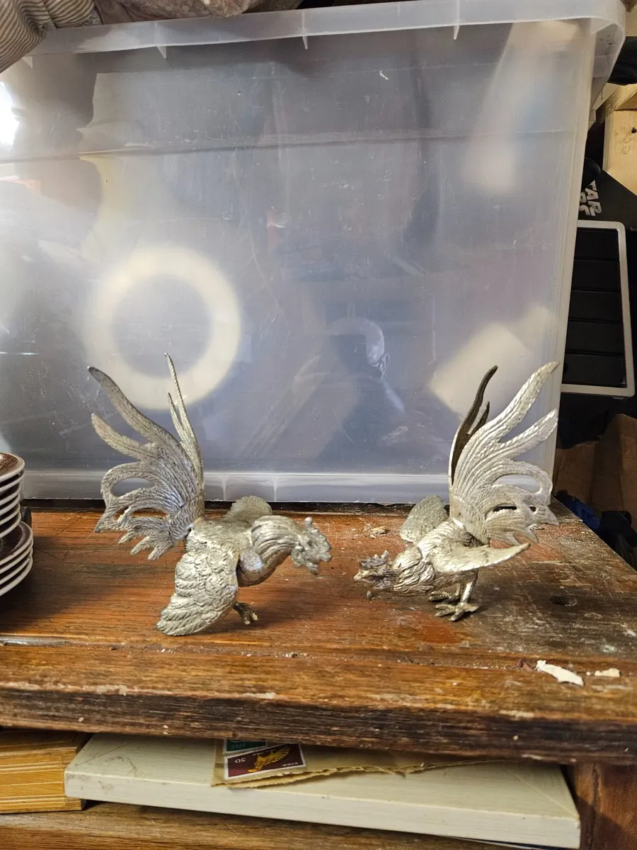 Vintage Metal Fighting Cockrels - Image 1