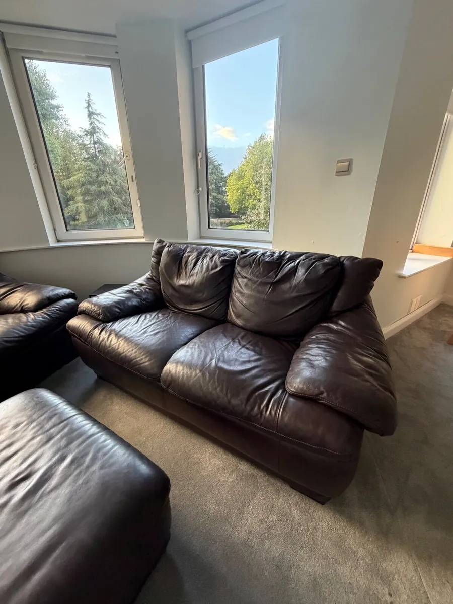 Two leather couches and POUFFE. Free. - Image 2