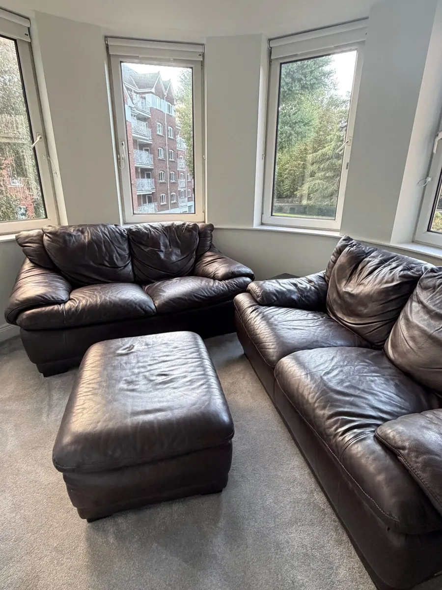 Two leather couches and POUFFE. Free. - Image 3