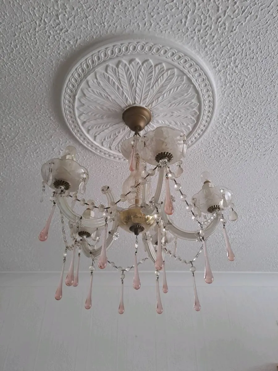 Vintage Glass Chandelier & 2 Matching Wall Lights - Image 1