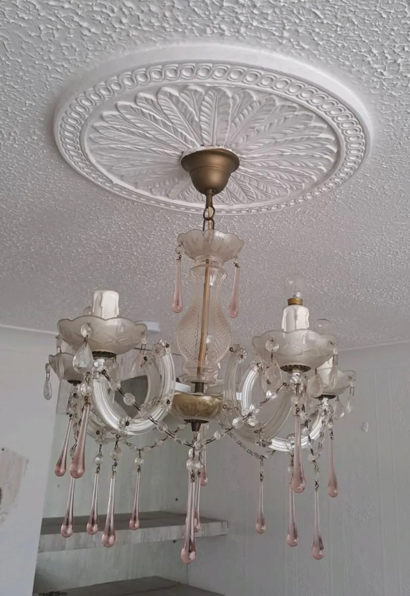 Vintage Glass Chandelier & 2 Matching Wall Lights - Image 2