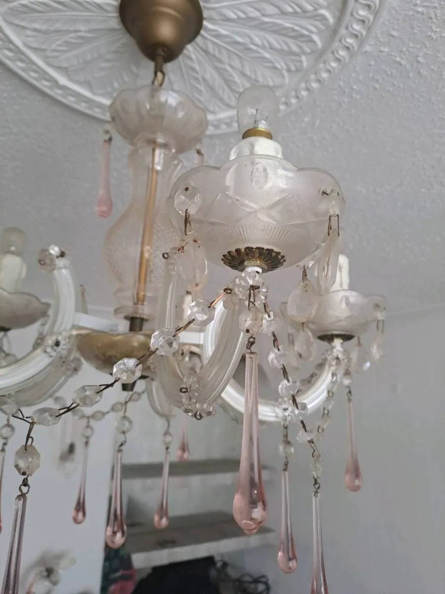 Vintage Glass Chandelier & 2 Matching Wall Lights - Image 3