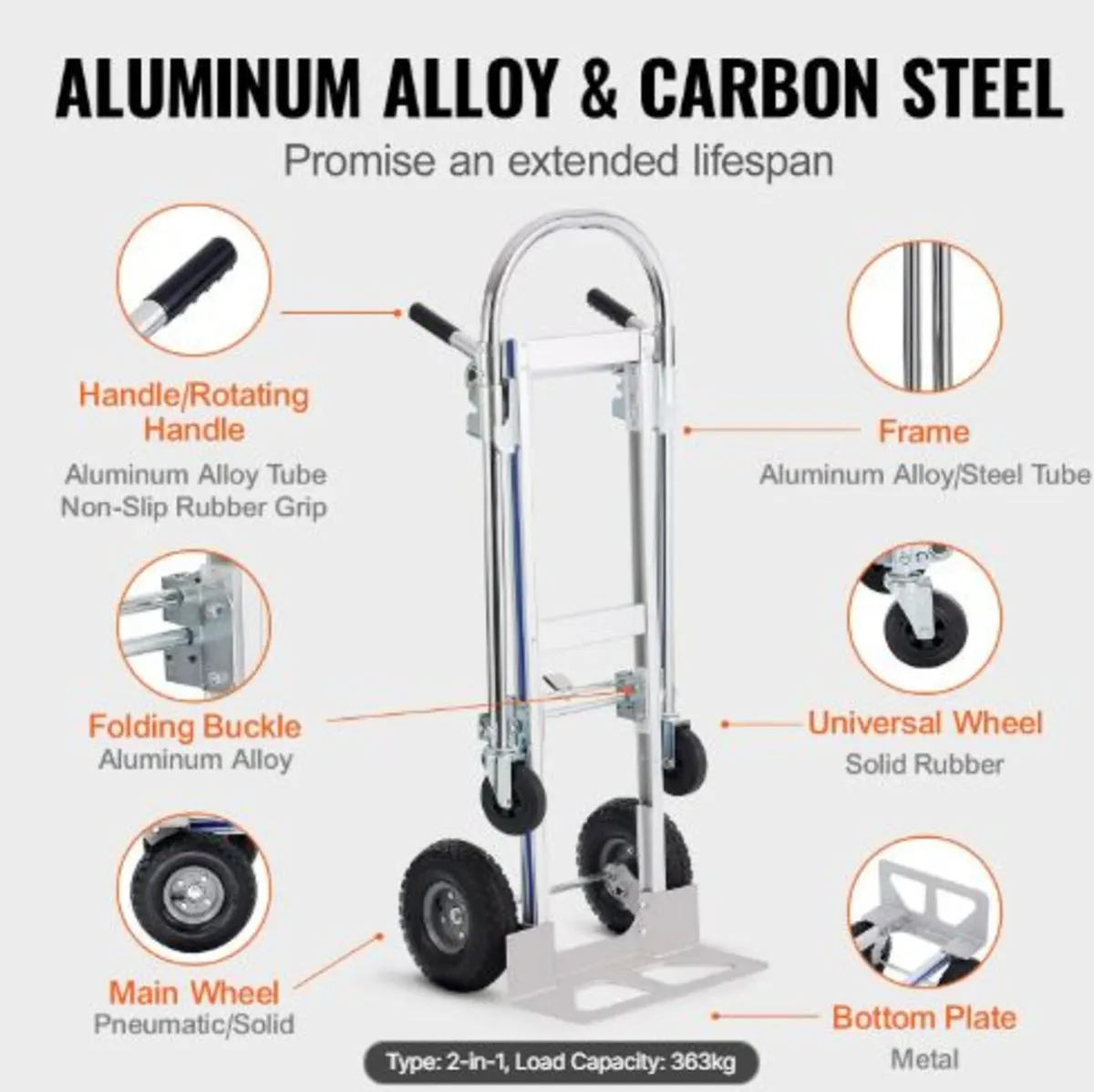 Aluminum Hand Truck, 2 in 1, 362.9kg Load Capacity - Image 2