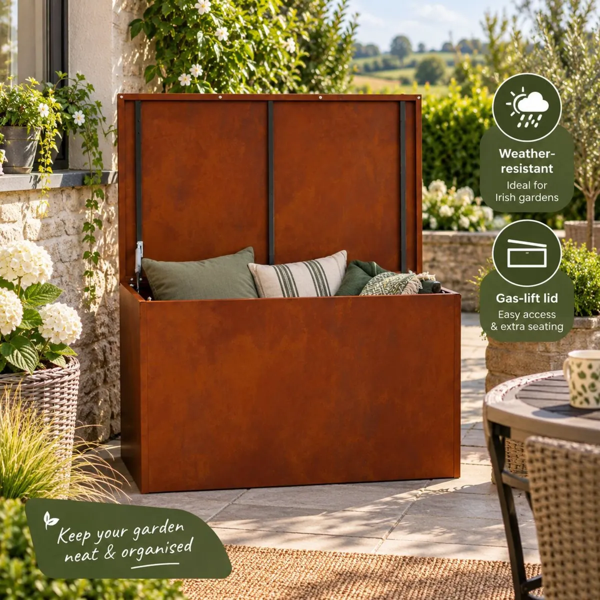 Weathering Steel Garden Storage Cushion Box - Image 1