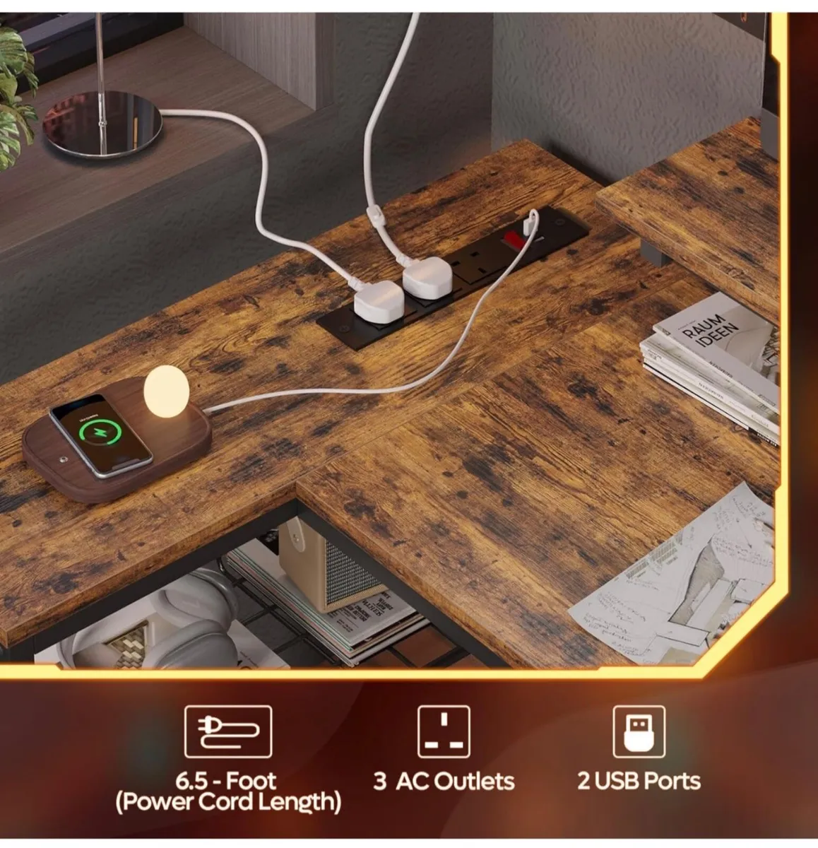106.5CM L-Shaped Desk with 3 Power Outlets, 2 USB - Image 4