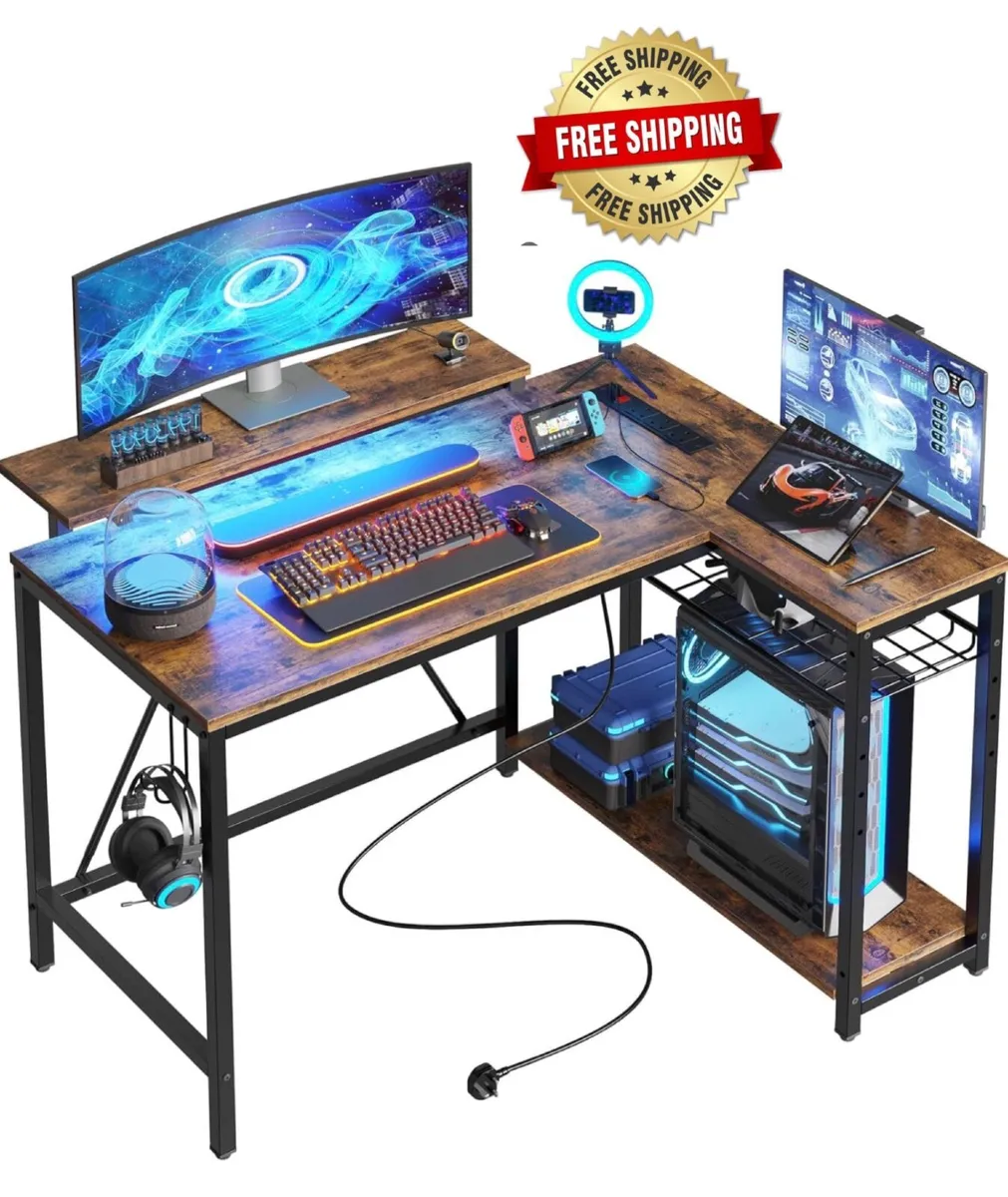 106.5CM L-Shaped Desk with 3 Power Outlets, 2 USB - Image 1