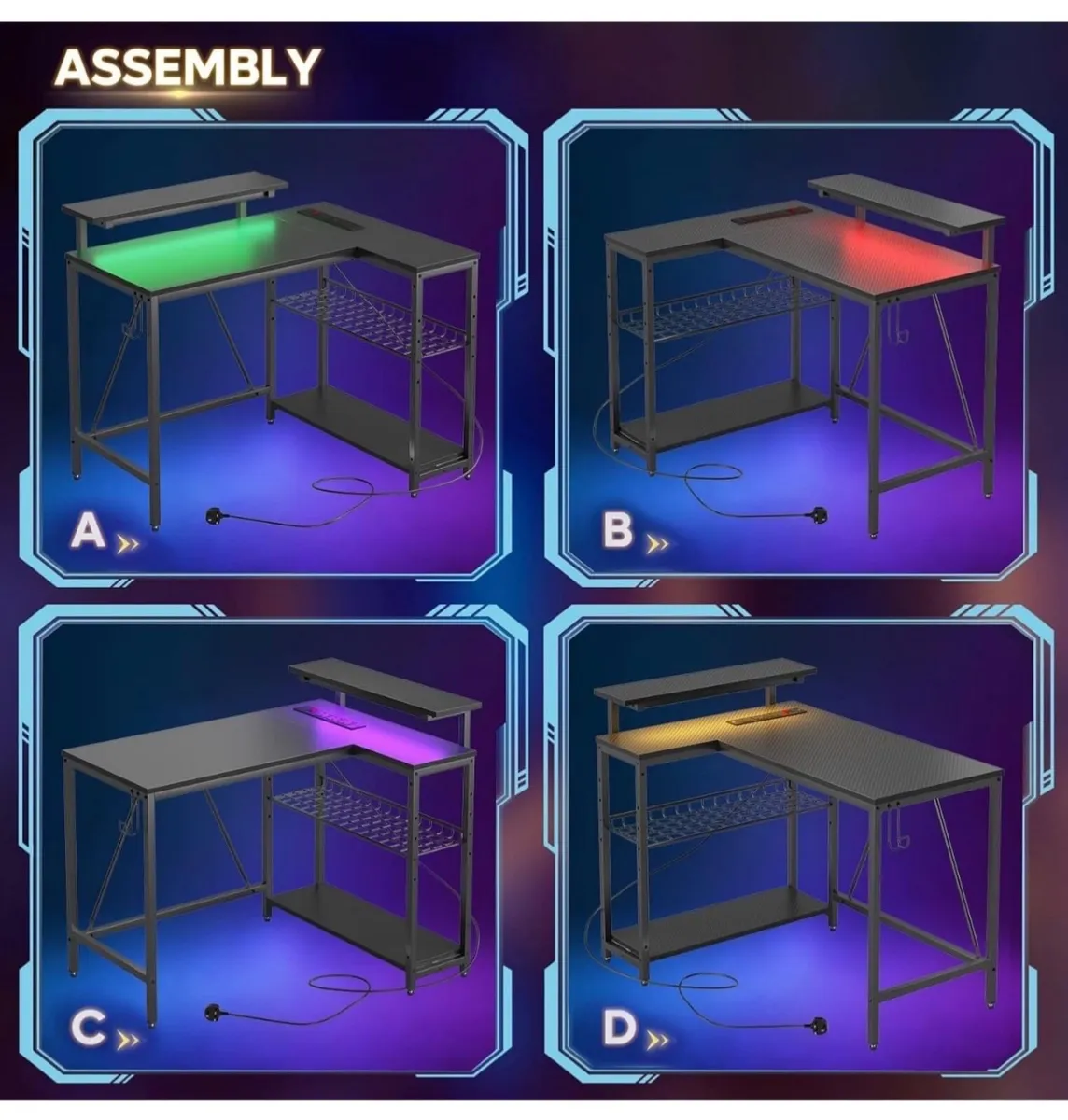 106.5CM L-Shaped Gaming Desk with RGB LED Lights C - Image 2