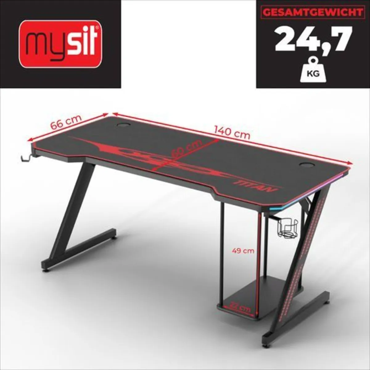 Gaming Desk with LED Lighting, PC Holder & Accesso - Image 3