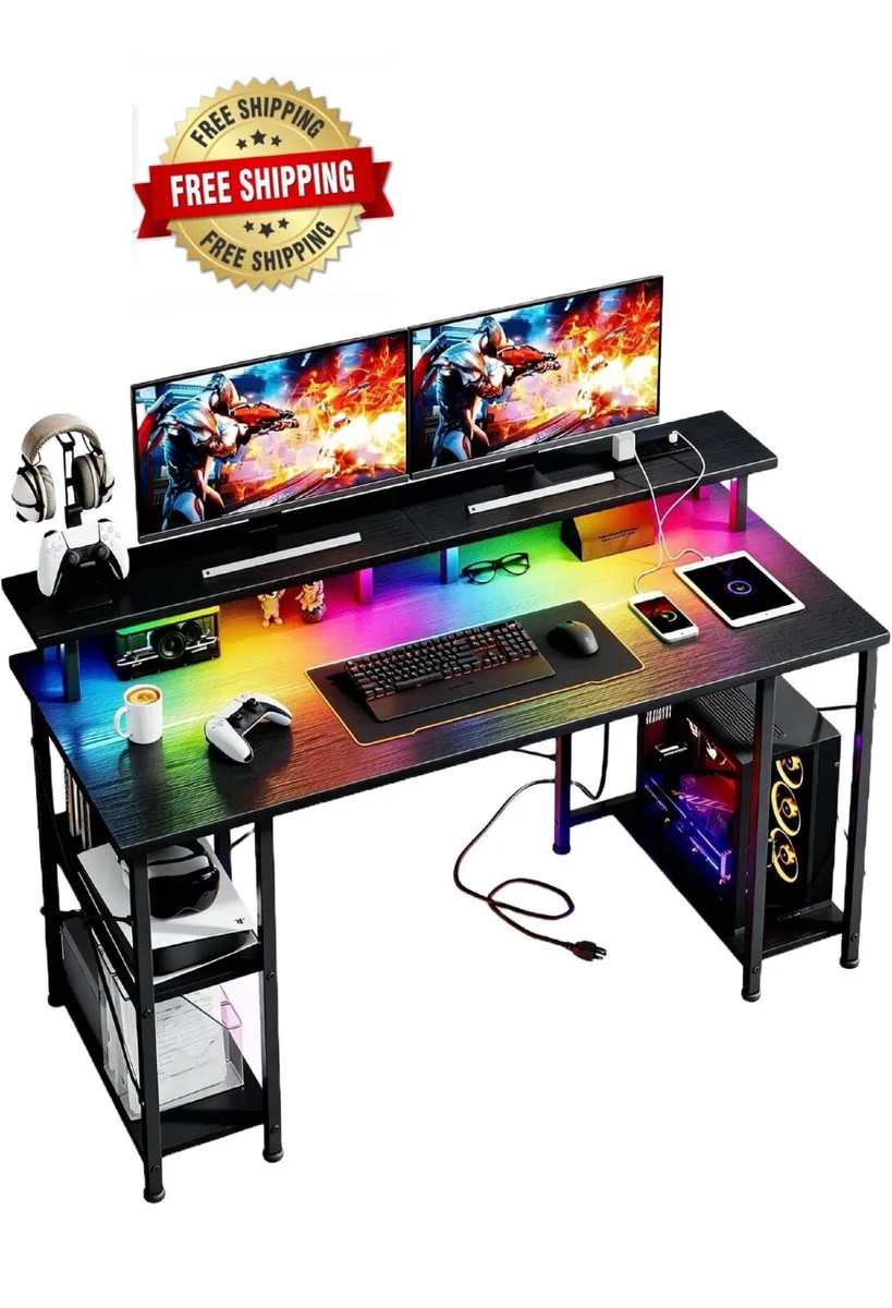 120x50cm Gaming Desk with LED Lights & Power Outle - Image 1
