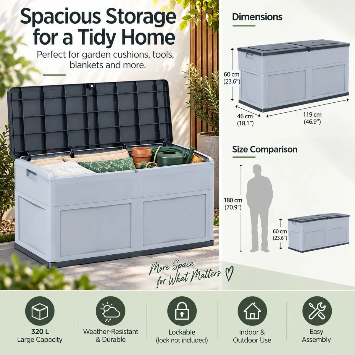 320L Outdoor Garden Storage Box Grey Cushion & Too - Image 2