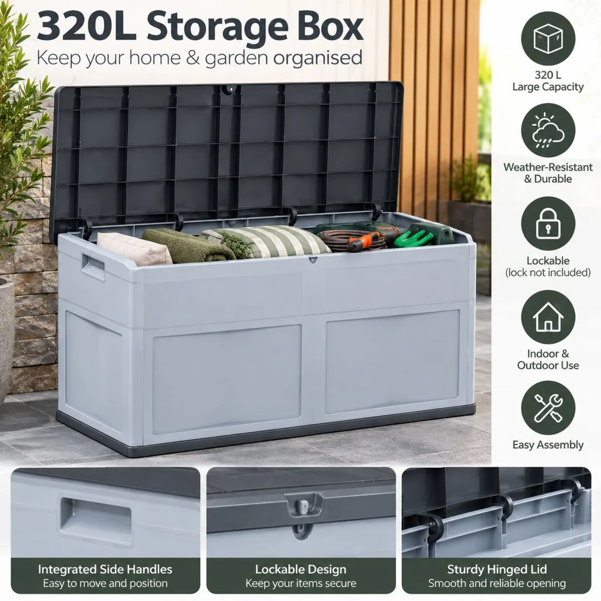 320L Outdoor Garden Storage Box Grey Cushion & Too - Image 1