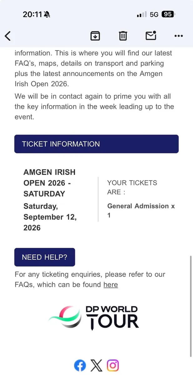 Amgen Irish Open 1x GA Saturday 12th ticket