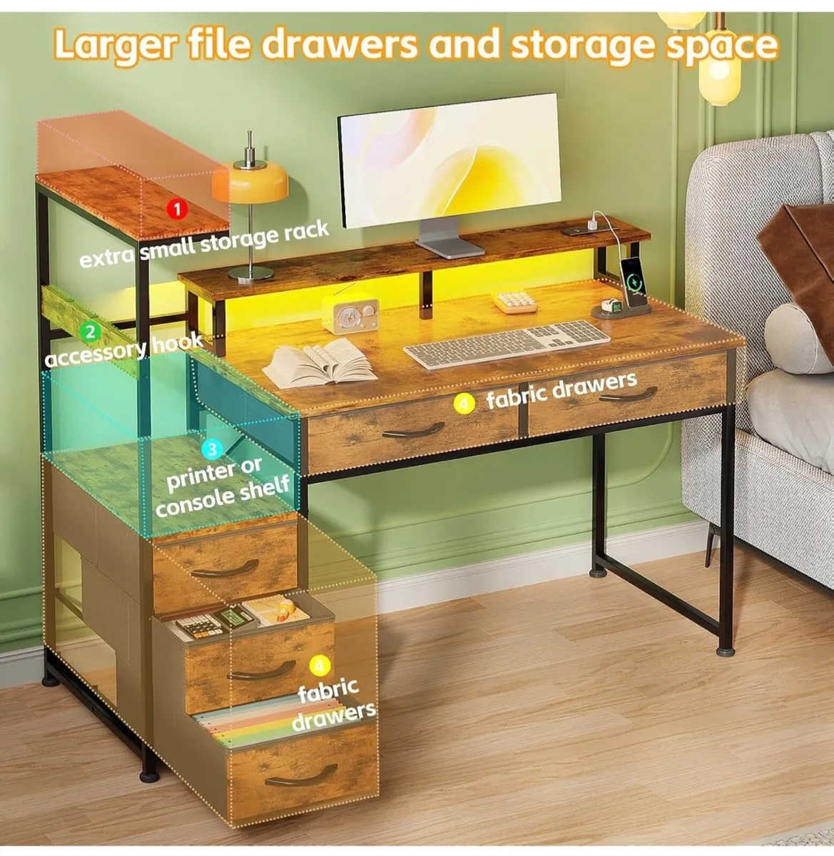 120cm Computer Desk with 5 Fabric Drawers, Reversi - Image 3
