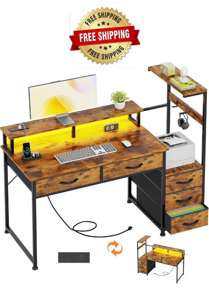 120cm Computer Desk with 5 Fabric Drawers, Reversi - Image 1