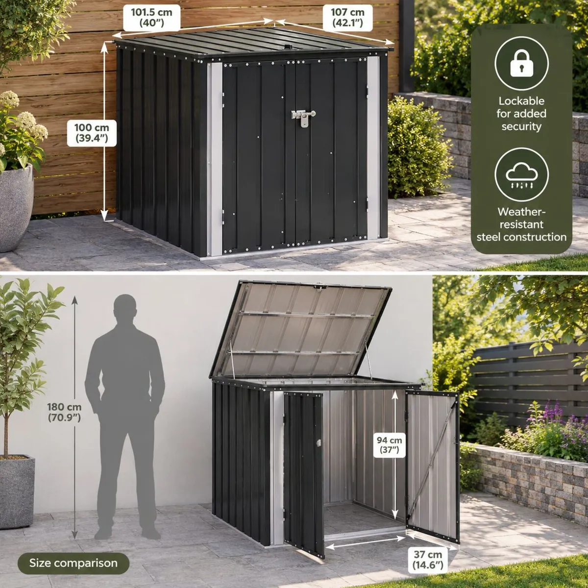 Lockable Steel Garden Storage Box Black Outdoor St - Image 3