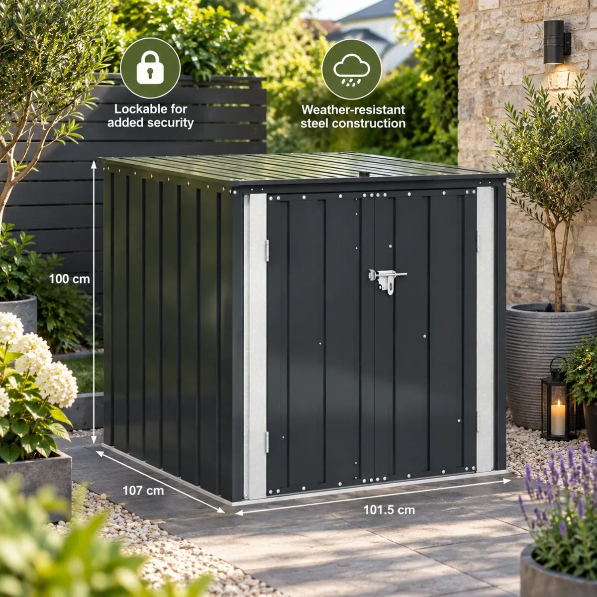 Lockable Steel Garden Storage Box Black Outdoor St - Image 1