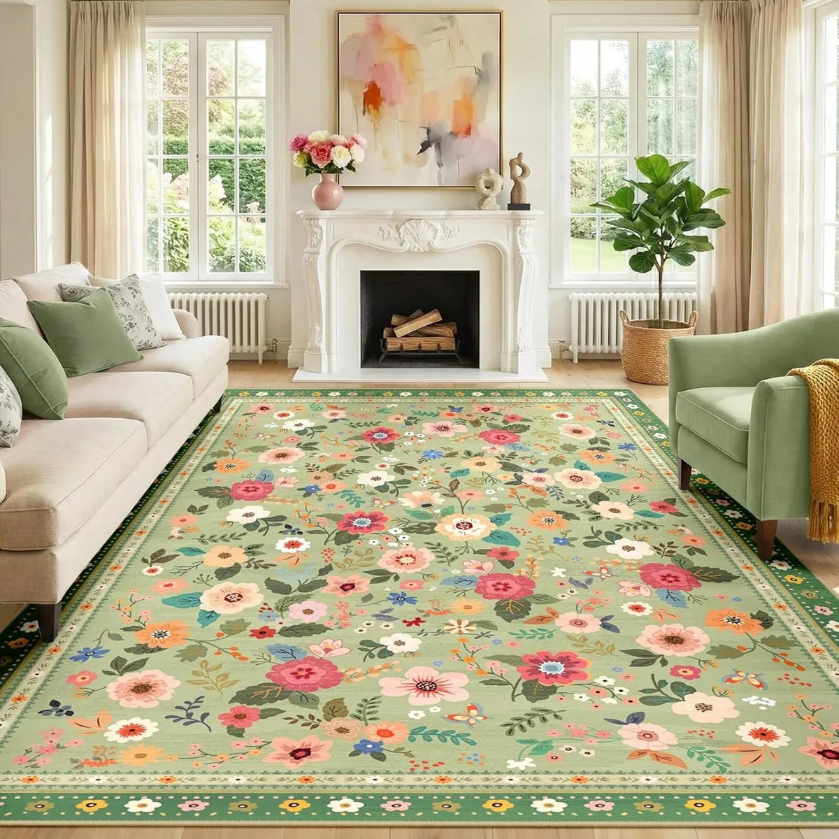 Washable Rug Floral Print Living Room - Image 1
