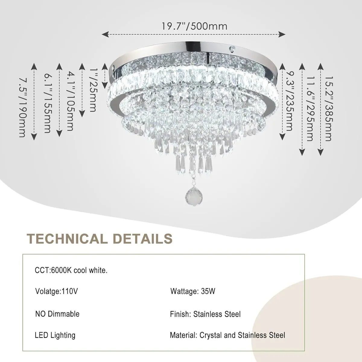 19.7" Crystal Flush Mount Chandelier Ceiling - Image 3