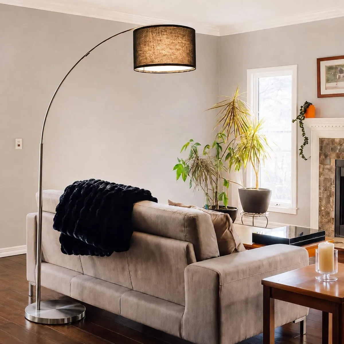 Arc Floor Lamp Rattan with Reach Adjustable - Image 1