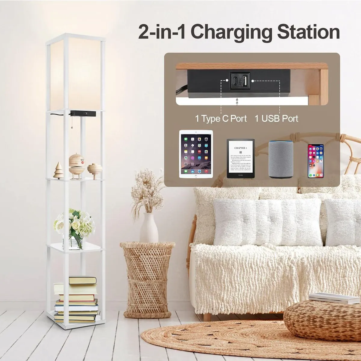Shelf Floor Lamp with Drawer 2 USB-C Ports - Image 4