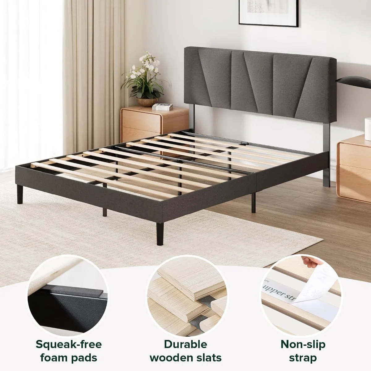 Upholstered Bed Frame with Headboard Fabric - Image 3