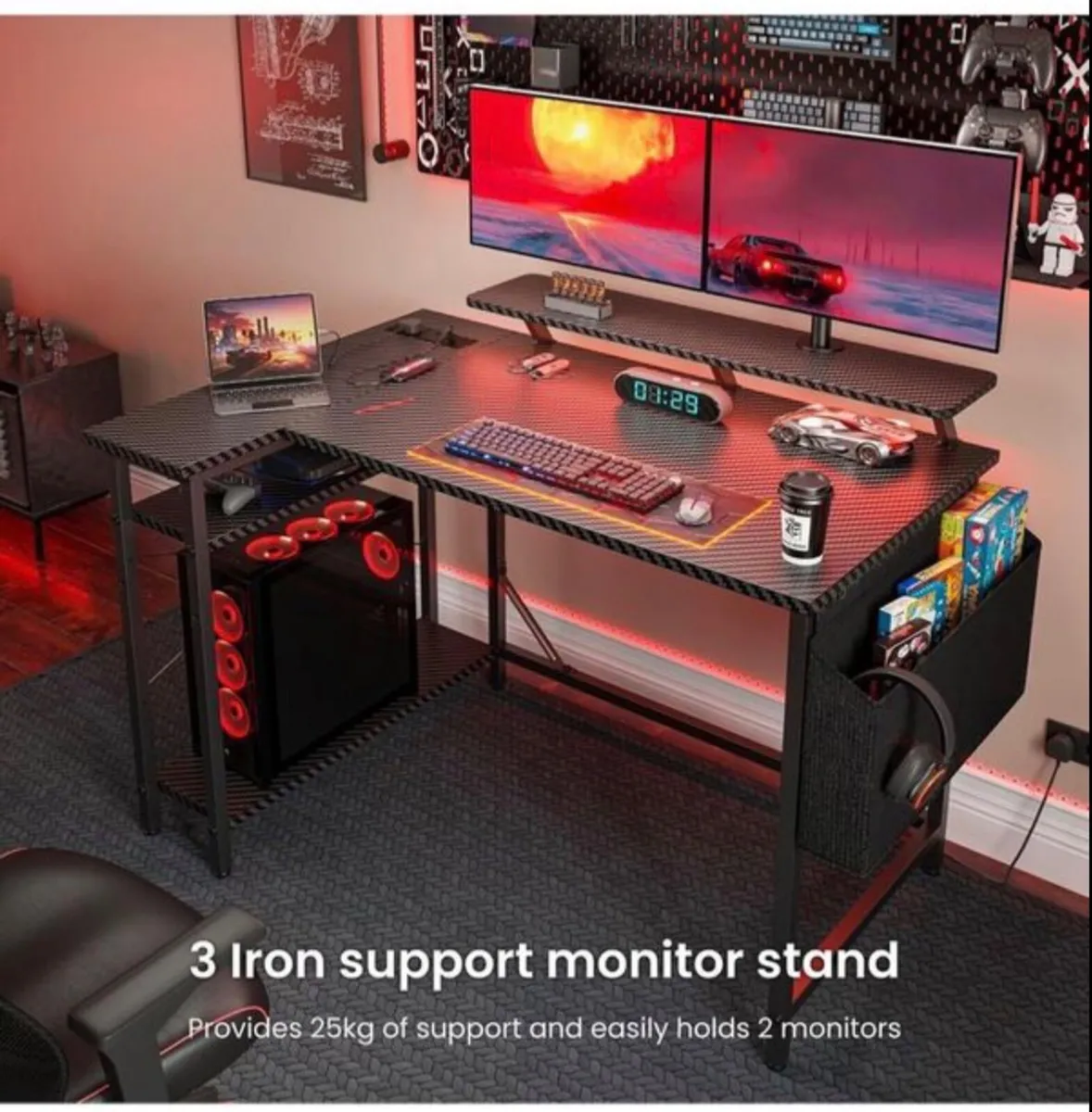 L Shaped Gaming Desk with LED Lights & Power Outle - Image 3