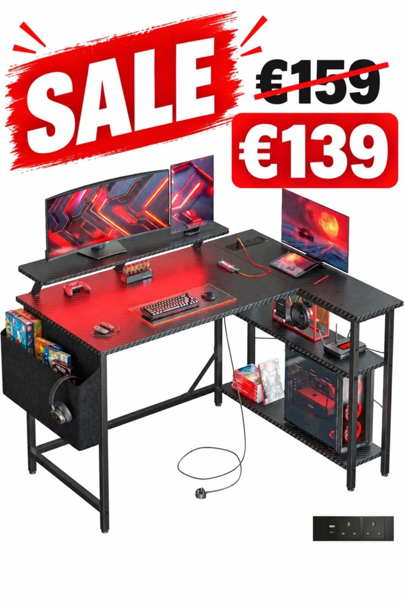 L Shaped Gaming Desk with LED Lights & Power Outle - Image 1