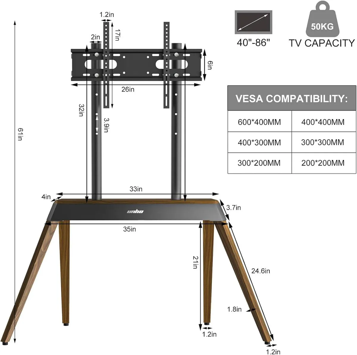 TV Stand Wooden Legs Freestanding Mount for 40-86 - Image 3