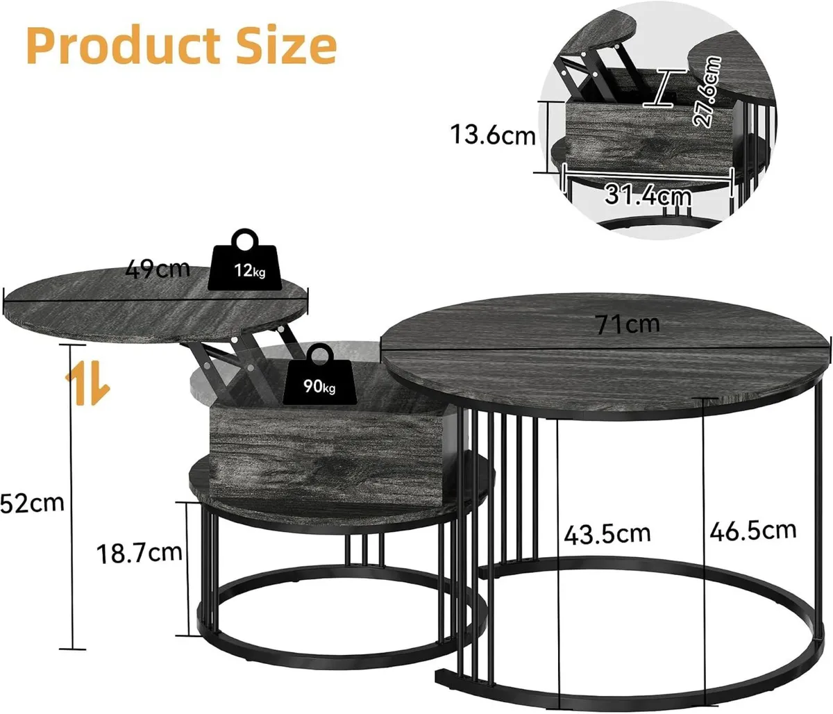 Round Nesting Coffee Table Lift‑top with Hidden - Image 2