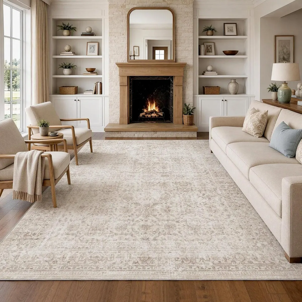 Washable Area Rug Vintage Neutral Distressed - Image 1