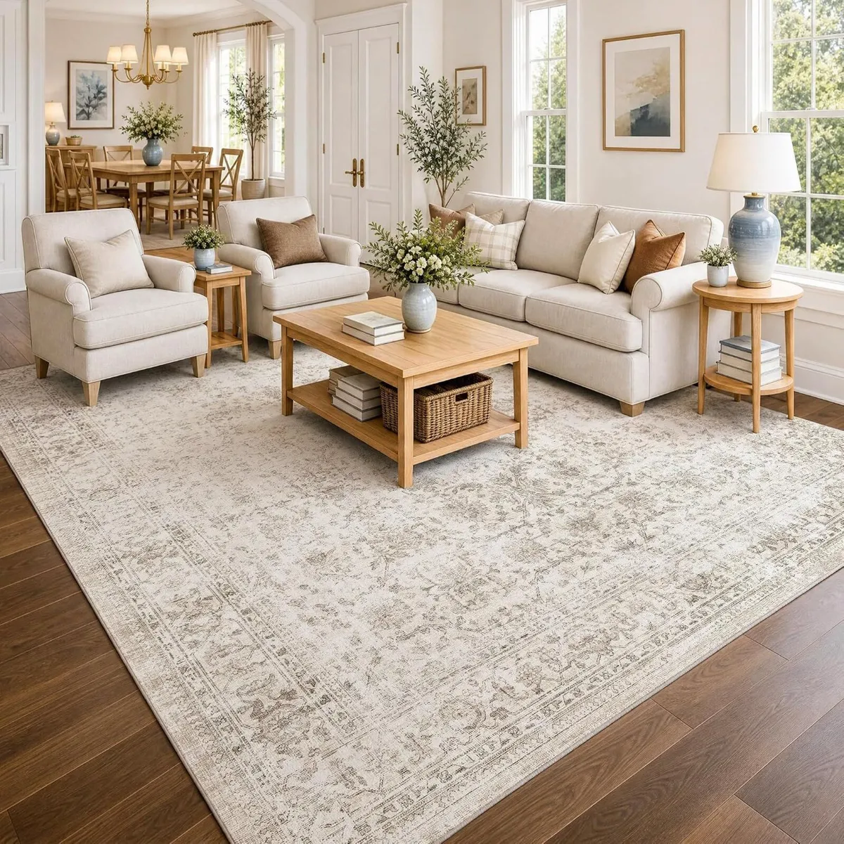 Washable Area Rug Vintage Neutral Distressed - Image 3