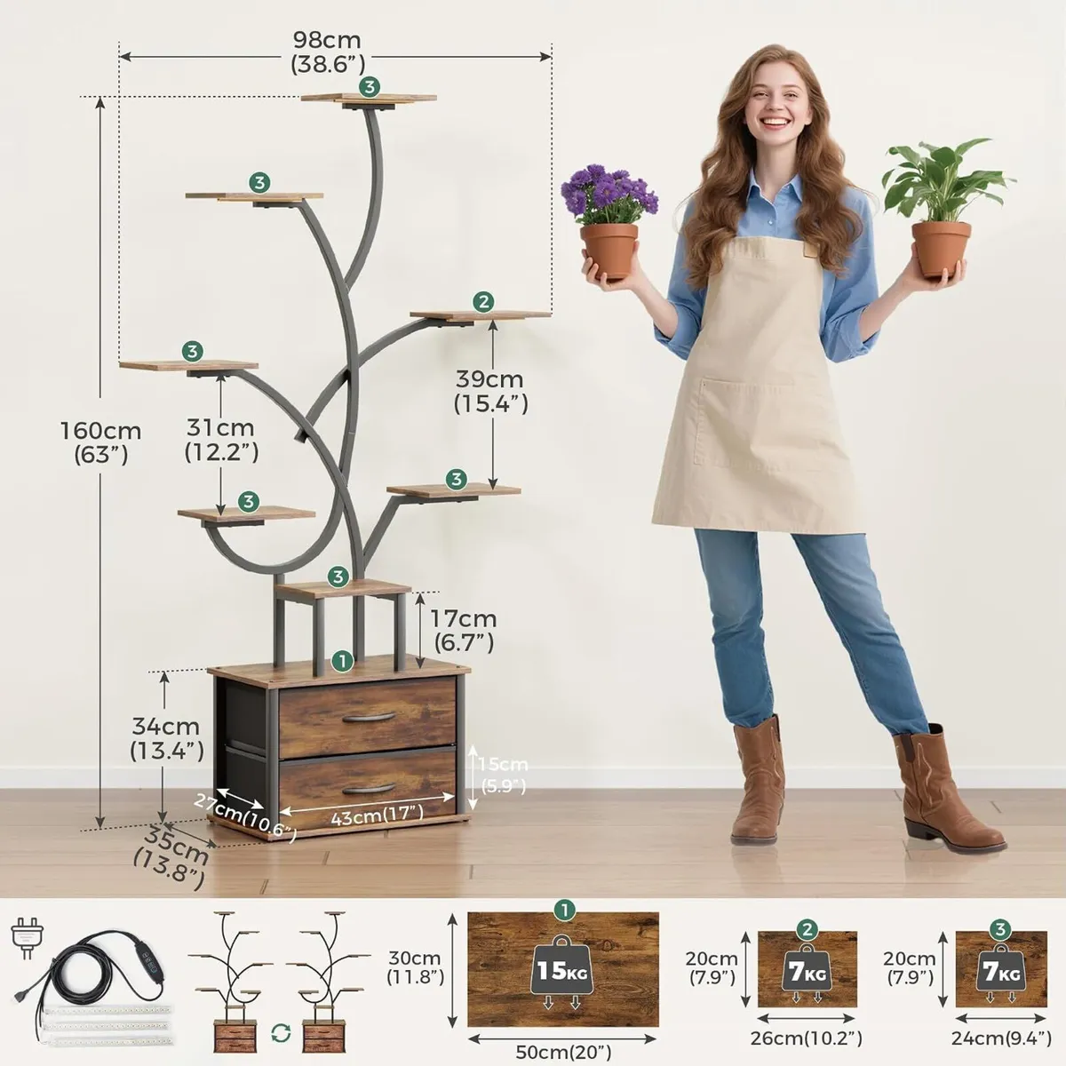 Plant Stand Indoor 9-Tier 160CM 2 Storage Drawers - Image 2
