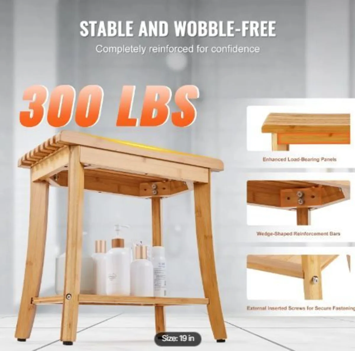 Bamboo Shower Bench 48.5 x 28.7 x 46.5 cm - Image 2