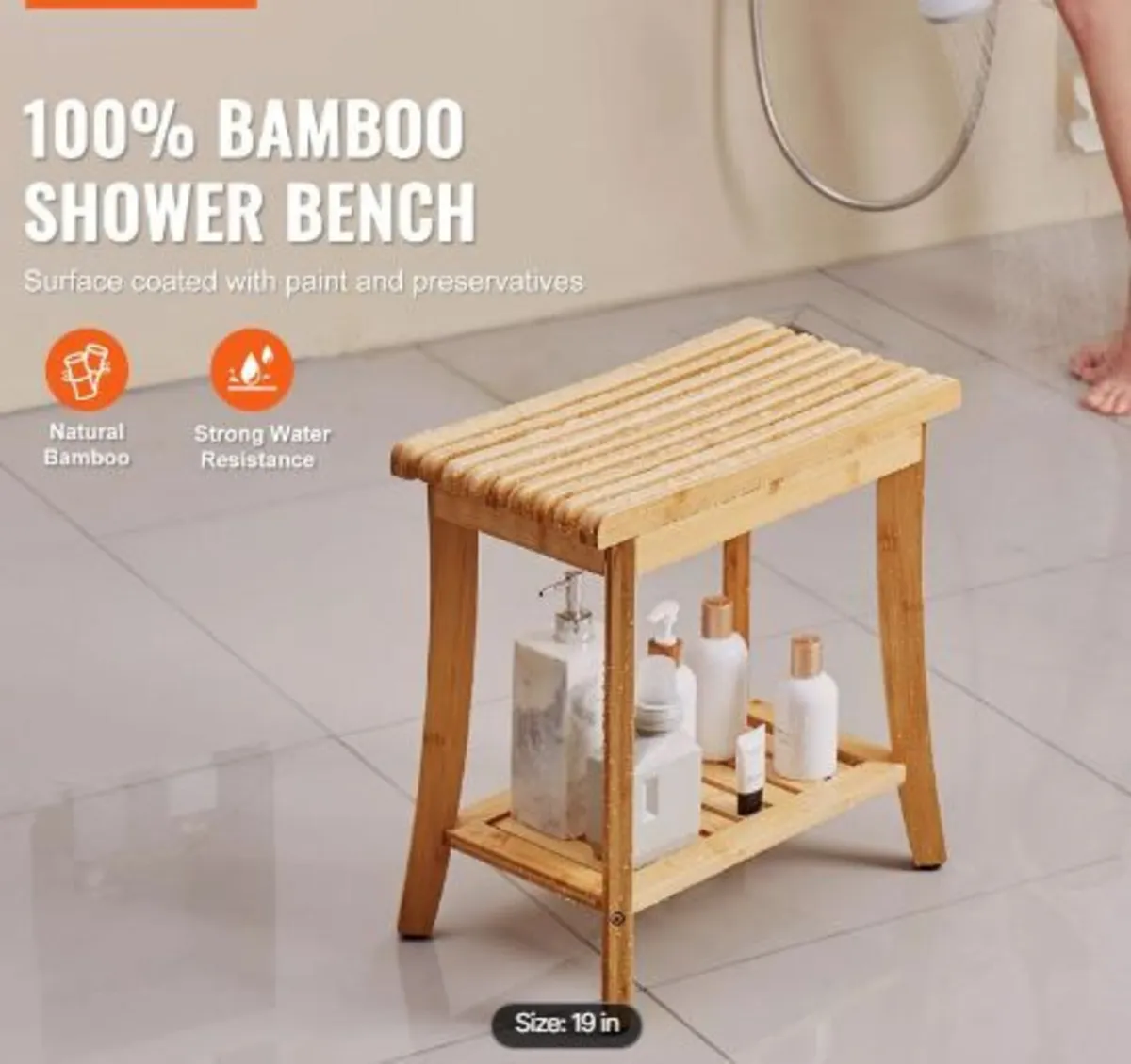 Bamboo Shower Bench 48.5 x 28.7 x 46.5 cm - Image 3