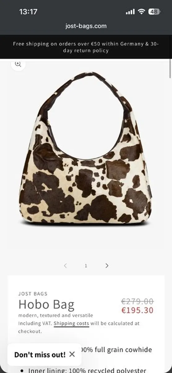 Brand New Jost Hair-On Cow Leather Shoulder Bag - Image 1