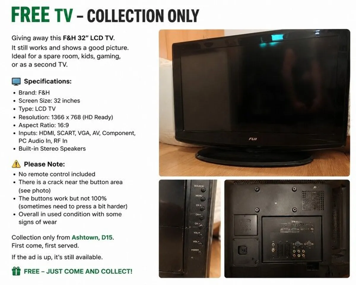 Giving away F&H 32" LCD TV - Image 1