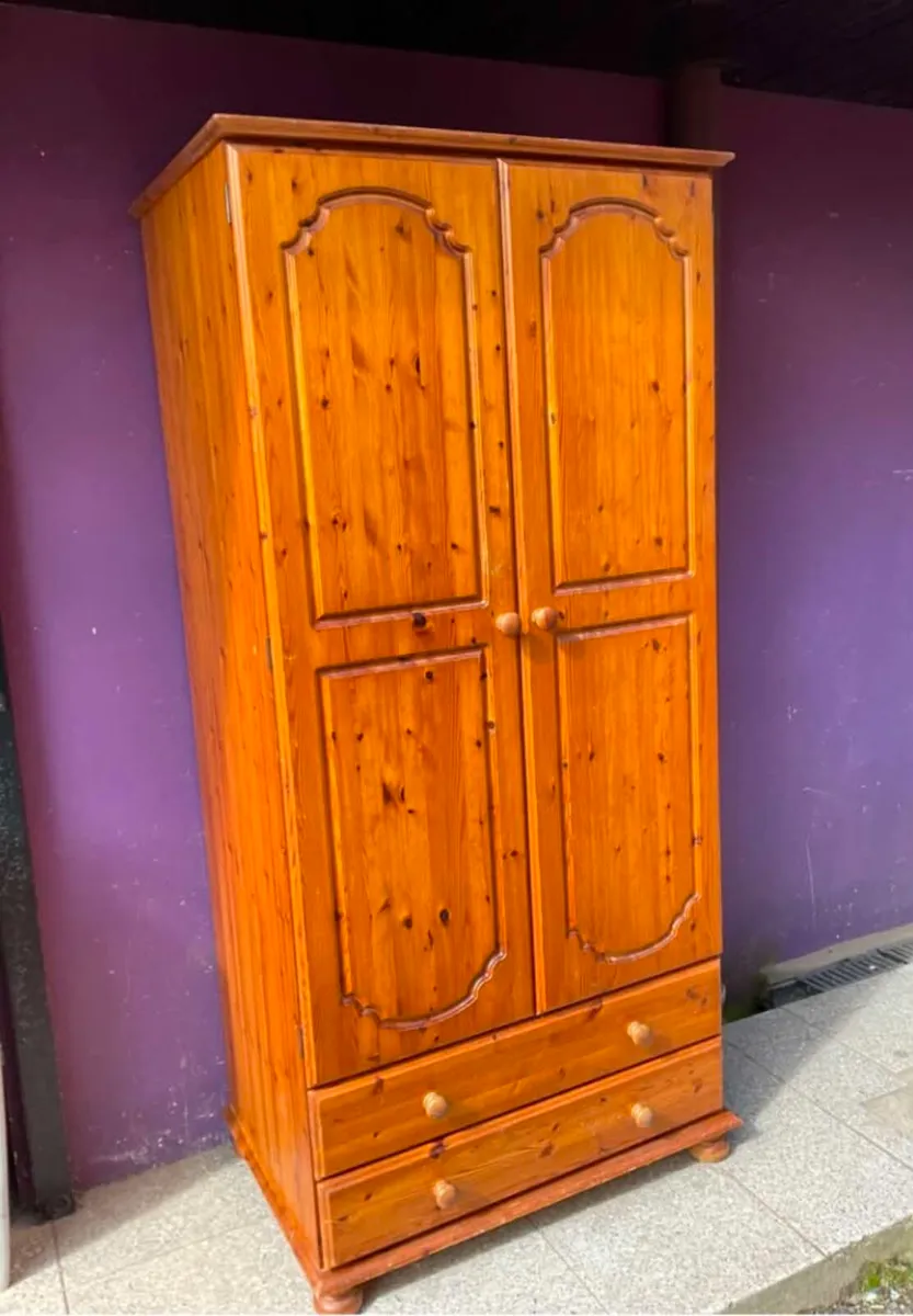 Double door pine wardrobe with drawers