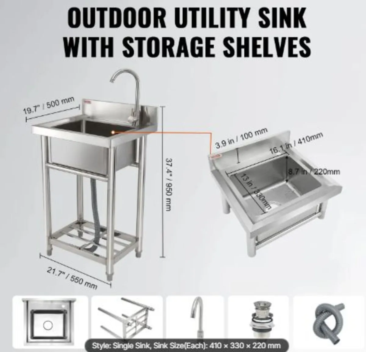 Stainless Steel Utility Sink, 1 Compartment Free - Image 2