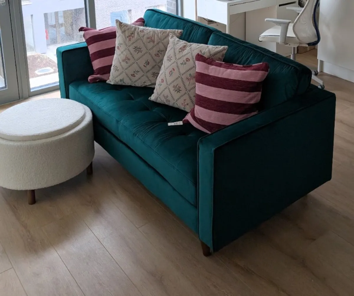 Green Velvet 2 Seater Sofa/Couch - Image 1