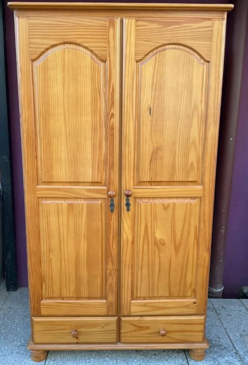 Double door pine wardrobe with drawers